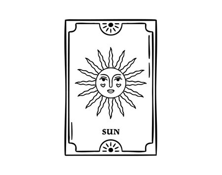 Tarot card sun with smiling face, joyful celestial arcana, hand drawn, line art outline, hand drawnのイラスト素材