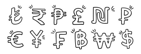 currency hand drawn doodle symbol set. Outline drawing different currency stroke line clipart symbol collectionのイラスト素材