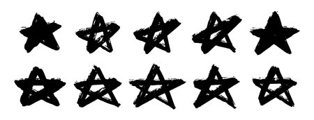 grunge stars doodle set. brush stroke texture, stained distress style stars set. punk rock posters, banners, labels. dirty stars elementsのイラスト素材