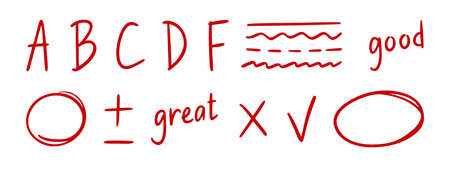 grading doodle element set. Red grades result, round accent line, plus and minus sign, school exam hand drawn icon. Outline drawing line clipart symbol collectionのイラスト素材