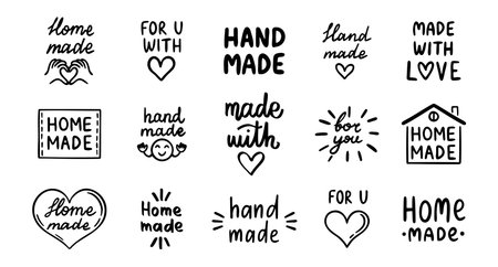 vintage old style hand made and made with love labels writings set. Hand drawn doodle outline drawing hand made line clipart symbolのイラスト素材