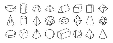 Three dimensional Hand Drawn Sketch Geometry Shapes. Doodle outline 3d geometry shapes.のイラスト素材