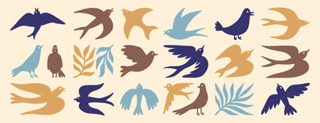 spring birds modern art simple silhouette set. boho flying birds clipart cartoon art.のイラスト素材