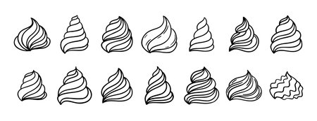 Cream for cakes or for ice cream doodle hand drawn icon set. Outline drawing cream for cakes or for ice cream line clipart symbol collectionのイラスト素材