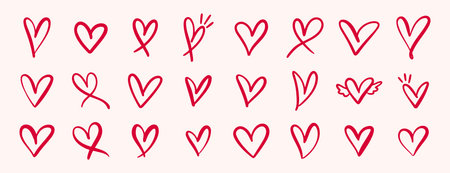 pink hand drawn hearts. unique heart various styles and shapes. Pink hearts doodle artistic set. Valentines heartsのイラスト素材