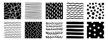 Hand drawn pen abstract pattern lines and shapes square set. Doodle pencil or marker line art elementsのイラスト素材