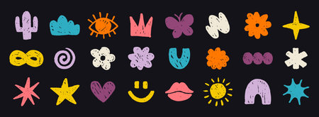 Abstract doodle colorful shapes. Chalk cute various modern kids hand drawn elements set. hearts, clouds, stars, flowers, eye, star stickersのイラスト素材