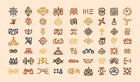 African tribal symbols Abstract geometric shapes doodle decoration set. Ethnic boho elements collection. Colorful mayan hand drawn design.のイラスト素材