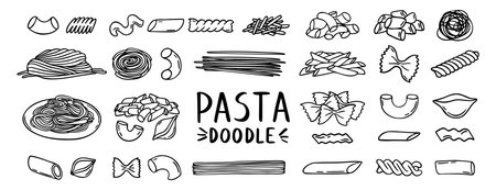 Pasta, spaghetti, vermicelli, macaroni feathers, horns, shells, butterflies doodle hand drawn icon set. Outline drawing wheat dough food line clipart symbol collectionのイラスト素材