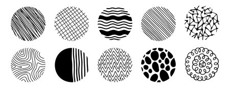 round abstract pattern hand drawn doodle shapes. spots, drops, curves and lines. trendy vector circles templateのイラスト素材