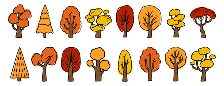 different autumn fall orange trees doodle hand drawn icon set. colorful cartoon drawing tree line clipart symbol collectionのイラスト素材