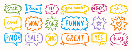 Bright hand drawn speech bubbles with short fun messages, decorative elements for designのイラスト素材