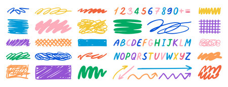 Abstract doodles with lines arrows numbers and alphabet, hand drawnのイラスト素材