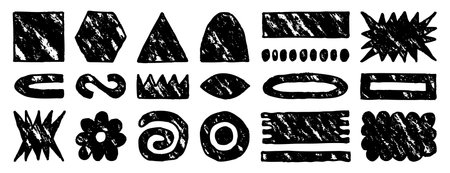 Grunge set abstract colored shapes, a set of textural elements, geometric shapes, textural fills, random strokes in different shapes. Square, triangle, circle, crown, rectangle and lines element collectionのイラスト素材