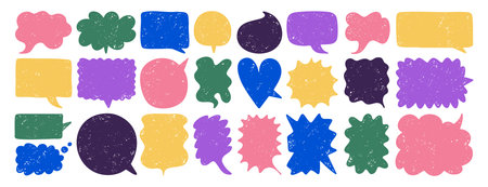 Textured empty speech bubbles template colored set, creative, various shapes, rectangular, round and bubbly. Grunge texture bubbles for text for social media, web design, and posters.のイラスト素材