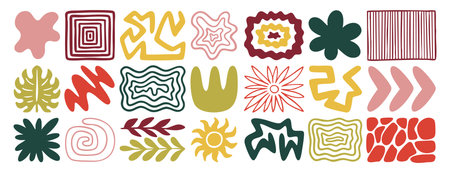 A set of doodle organic elements, leaves, hand drawn smooth lines, flowers, abstract shapes natural...