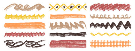 Textured horizontal lines, fragments of ornament underlines, textured grunge set, wavy and zigzag and straight accents.のイラスト素材