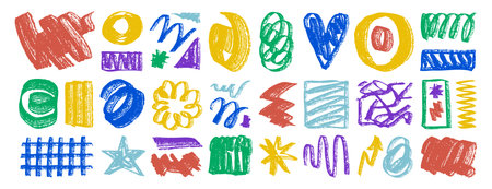 Bright positive set doodle elements abstract shapes and strokes, hand drawn texture dry brush hearts, circles, stars and creative messy elements for posters or web designのイラスト素材