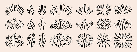 Festive firework explosion set isolated on white background. Vector illustration of hand drawn confetti burst effect, party firecracker sparks, abstract spiral doodles, lines with.のイラスト素材