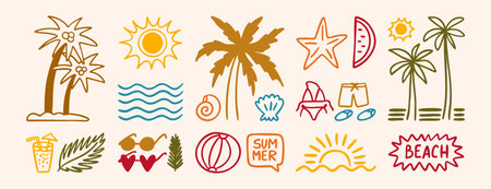 Doodle colorful line icons of palm trees, sun, waves, sunglasses, and beachwear. Palm trees and sun evoke a tropical vibe. Waves and beachwear suggest a summer theme. set, doodle.のイラスト素材