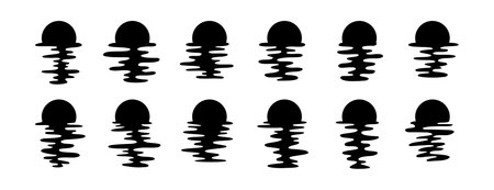 sun silhouettes set. Vector template sun reflection in water. Sunset and waves reflection.のイラスト素材