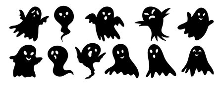 scary funny ghosts silhouette with faces set. Ghost Halloween decorative elements. Halloween silhouettes black ghost characterのイラスト素材