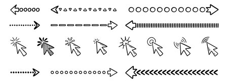 Doodle click icon and hand drawn arrows set. Doodle line mouse cursor.のイラスト素材