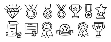 medal honor award related doodle hand drawn icon set. Outline drawing winner line clipart symbol collectionのイラスト素材