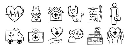 Medical kit, hospital, clinic doodle hand drawn icon set. Outline drawing stethoscope, report, healthcare, doctor, patient, line clipart symbolのイラスト素材