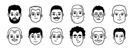 men portraits male doodles set doodle hand drawn icon set. Outline drawing man heads and faces line clipart symbol collection.のイラスト素材