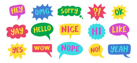Thought bubbles handwritten words expressions, comic chat stickers collection. Speech clouds set. Funky typography design element, retro style messages. Like, yes, No, Wow and Ok.のイラスト素材