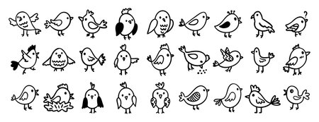 cute birds forest animal characters doodle hand drawn icon set. Outline drawing birds line clipart symbol collectionのイラスト素材