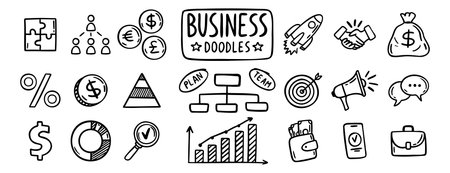 business doodle hand drawn icon set. Outline drawing business line clipart symbol collectionのイラスト素材