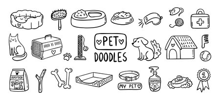 Pet Cat and Dog doodle hand drawn set elements. Pet stuff drawing isolated iconsのイラスト素材