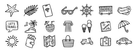 travel doodle hand drawn icon set. Outline drawing travel tourism line clipart symbolsのイラスト素材