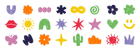 Abstract doodle colorful shapes. Chalk cute various modern kids hand drawn elements set. hearts, clouds, stars, flowers, eye, star stickersのイラスト素材