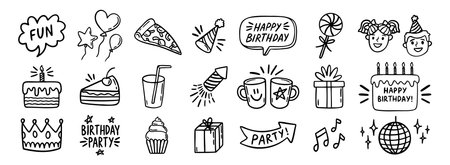 Set of Happy Birthday for kids doodles. Sketch of party decoration, gift box, cake, party hats. Birthday doodle hand drawn icon set.のイラスト素材