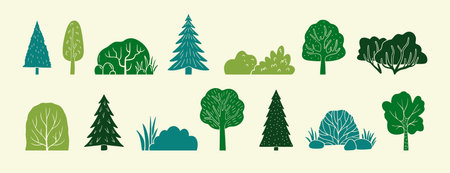 Scandinavian green boho forest silhouette isolated elements set. Color collection different forest plants. trees, bushes, grass, logs, leavesのイラスト素材