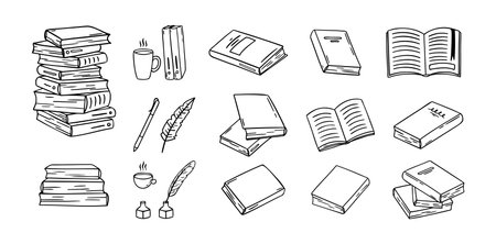 Hand drawn doodle different black outline books. linear style book icons set. Drawing books variations.のイラスト素材