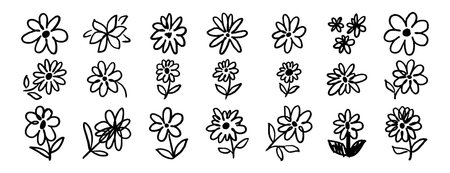 brush flowers daisies or camomile doodle hand drawn icon set. Outline drawing flower line clipart symbol collectionのイラスト素材