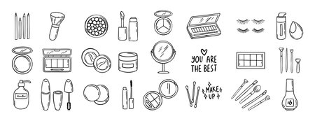 make up beauty doodle hand drawn icon set. Outline drawing cosmetics line clipart symbolのイラスト素材