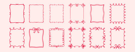 Bow rectangle frame ribbon border vintage cute hand drawn set. decorative pink hand drawn doodle line bow frame. Elegant romantic doodle wedding ribbon border.のイラスト素材
