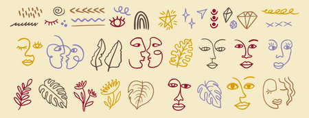 line tribal woman abstract art portrait set. Outline trendy contemporary elements with flowers, shapes, female faces, leaves. modern Ink painting style. aesthetic conceptのイラスト素材