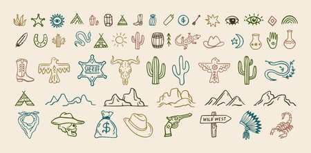 Wild west cowboy doodle icon set. Hand drawn boho signs collection. Aztec southwestern elements set.のイラスト素材