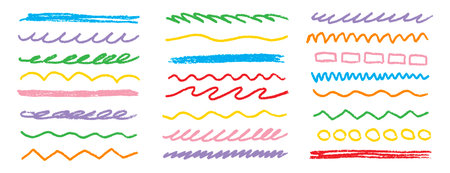 Chalk lines kids strips, brush sketch pencil underlines. Highlight strokes doodle set. Grunge colorful hand drawn highlight strokesのイラスト素材