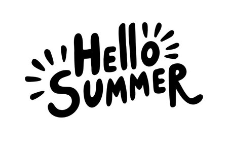 Hand drawn Hello Summer black lettering with sunburst doodles on white background textured typographyのイラスト素材