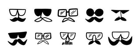 glasses and mustache male funny comic icon doodle hand drawn icon set. Outline drawing line clipart symbol collectionのイラスト素材