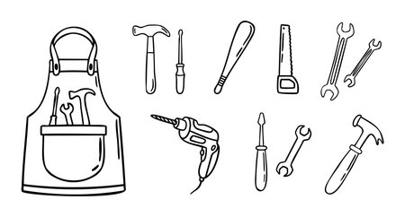 Set of construction tools drill hammer wrench screwdriver saw and apron, hand drawn doodle line art monochrome hand drawnのイラスト素材
