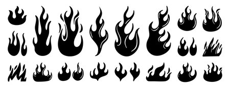set of flame and fire. Colored hand drawn doodle elements. Flame silhouette, flames, different shapes, cartoon style, simple shapes, ornate, graceful lines, a set of isolated elements.のイラスト素材