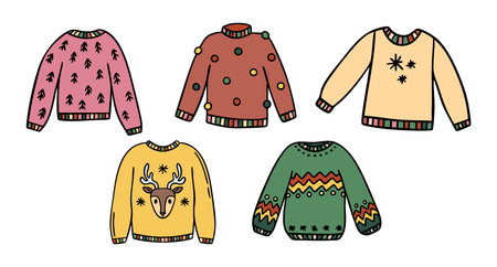 Christmas sweaters clipart set with reindeer, baubles, trees and snowflakes, cozy winter collection, hand drawn.のイラスト素材